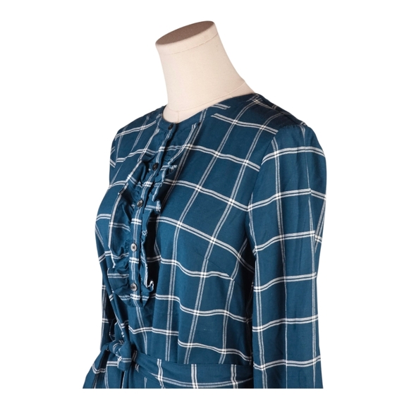 Draper James Deep Teal Plaid Ruffle Belted Shirt Dress NWT Size 4 Cotton - Picture 3 of 9